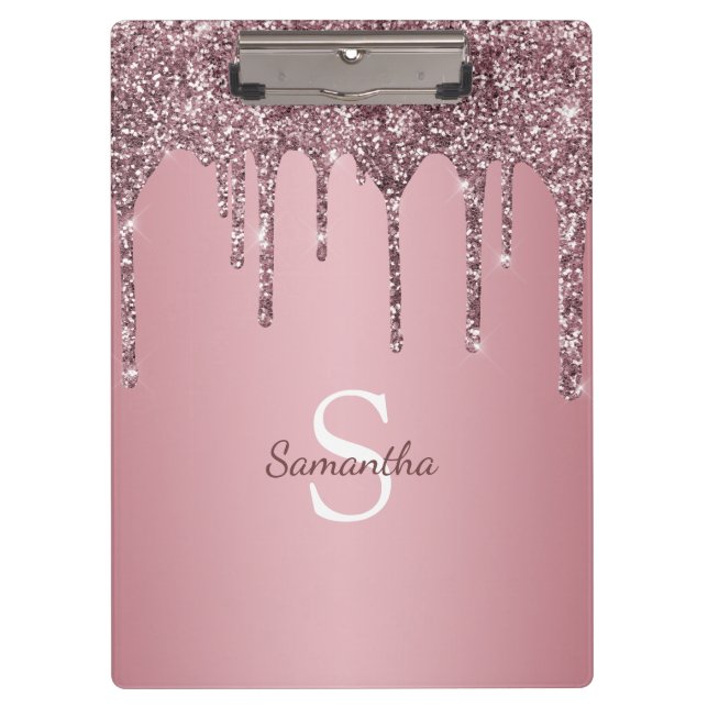 Rose Gold Pink Glitter Drips Sparkle Monogram Name Clipboard (Front)