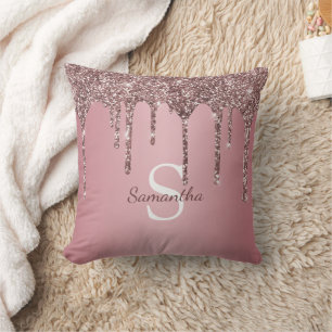 Rose Gold Pink Glitter Drips Sparkle Monogram Name Cushion