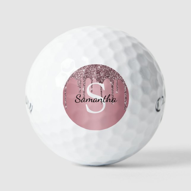 Rose Gold Pink Glitter Drips Sparkle Monogram Name Golf Balls (Front)