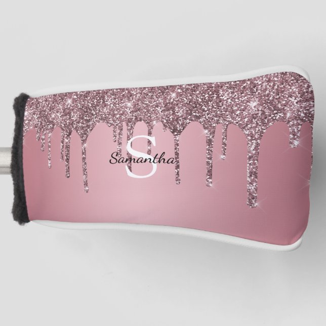 Rose Gold Pink Glitter Drips Sparkle Monogram Name Golf Head Cover (Front)