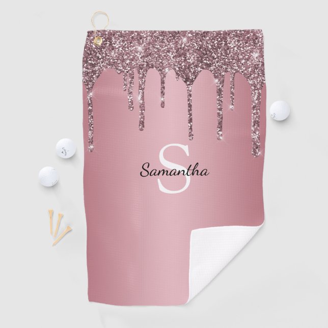 Rose Gold Pink Glitter Drips Sparkle Monogram Name Golf Towel (InSitu)
