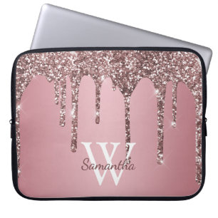 Rose Gold Pink Glitter Drips Sparkle Monogram Name Laptop Sleeve