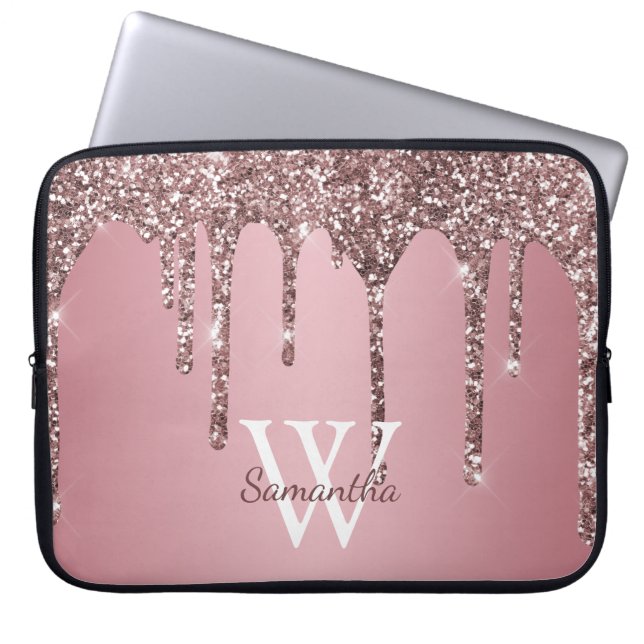 Rose Gold Pink Glitter Drips Sparkle Monogram Name Laptop Sleeve (Front)