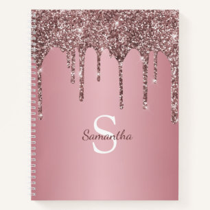 Rose Gold Pink Glitter Drips Sparkle Monogram Name Notebook