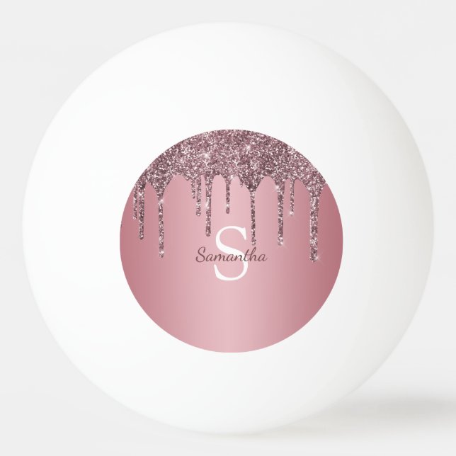 Rose Gold Pink Glitter Drips Sparkle Monogram Name Ping Pong Ball (Front)