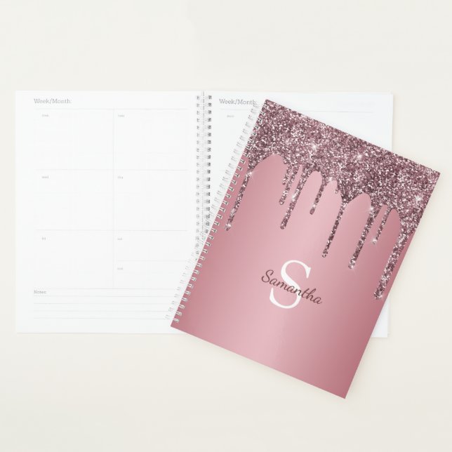 Rose Gold Pink Glitter Drips Sparkle Monogram Name Planner (Display)