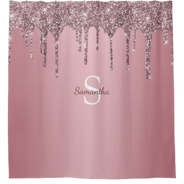 Rose Gold Pink Glitter Drips Sparkle Monogram Name Shower Curtain (Front)