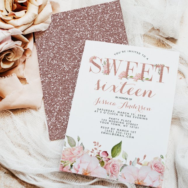 Rose Gold Pink Glitter Floral Sweet Sixteen Invitation (Creator Uploaded)