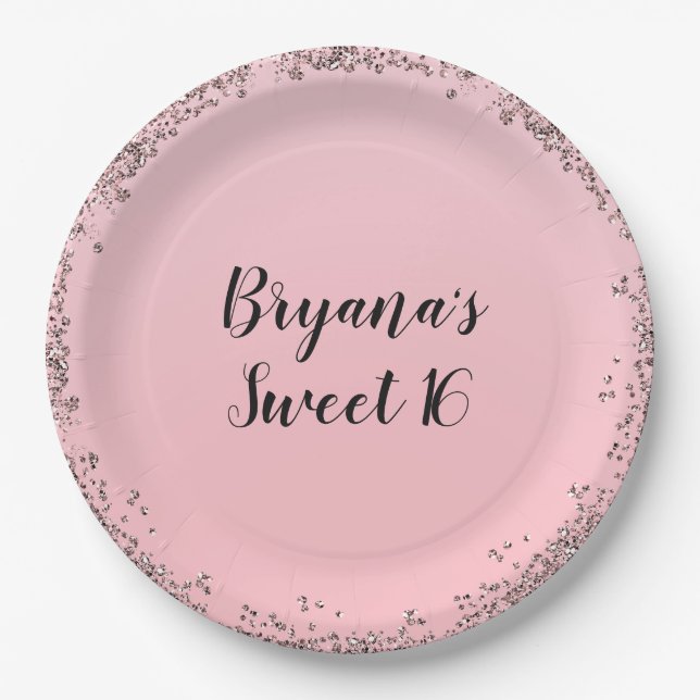 Rose Gold Pink Glitter Glam Edge Sweet 16 Party Paper Plate (Front)