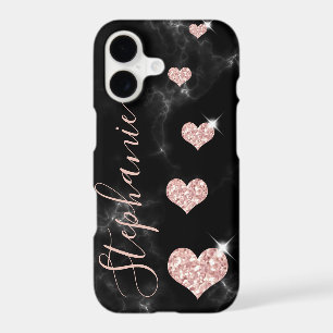 Rose Gold Pink Glitter Hearts Glam Black Marble