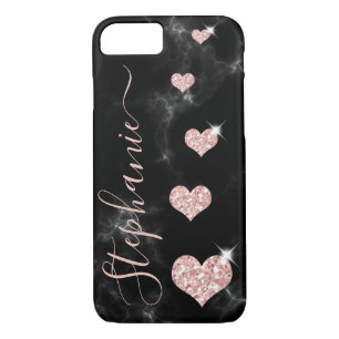 Rose Gold Pink Glitter Hearts Glam Black Marble iPhone 8/7 Case