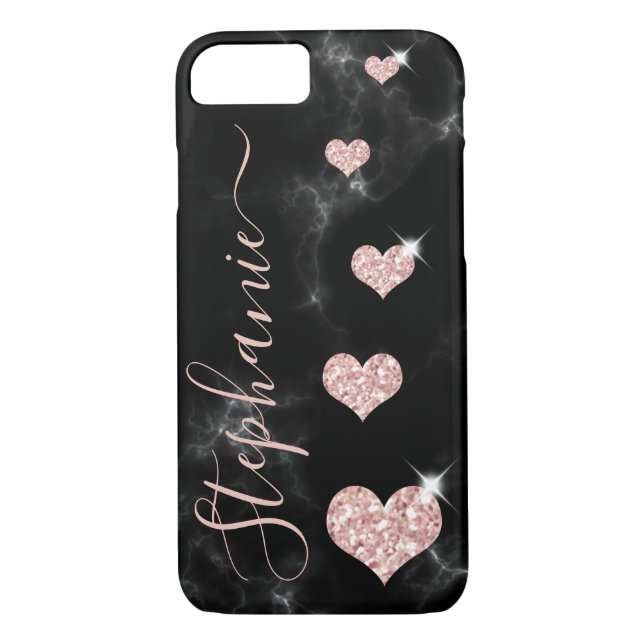 Rose Gold Pink Glitter Hearts Glam Black Marble Case-Mate iPhone Case (Back)