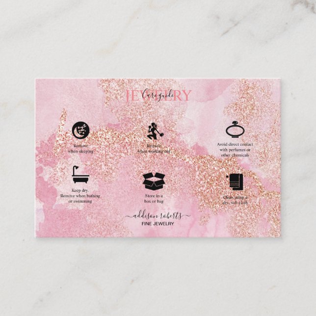 Rose Gold Pink Glitter  Jewellery Care  Business Card (Front)