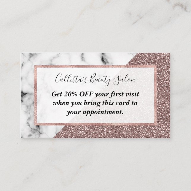 Rose Gold Pink Glitter Marble Geometric Cut Discount Card (Front)