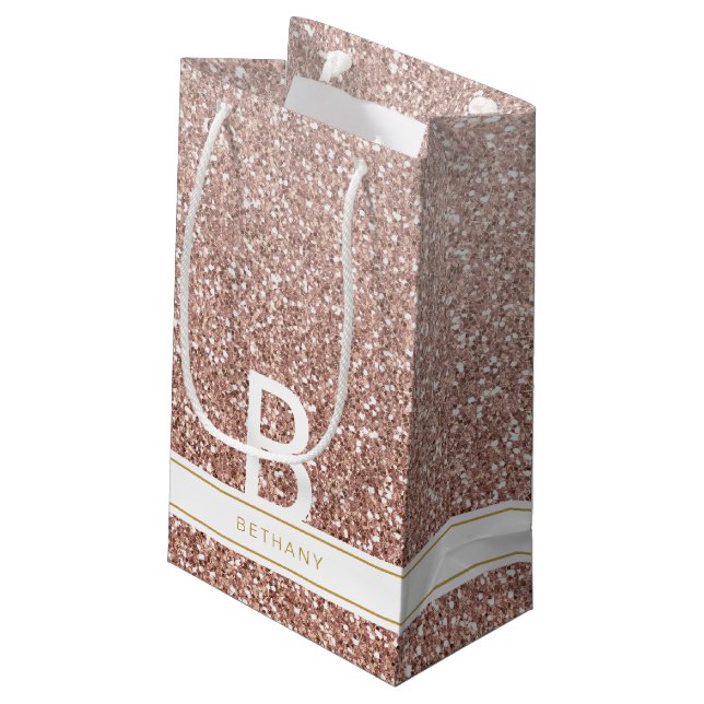 Rose Gold Pink Glitter Modern Monogram Favour Small Gift Bag (Back Angled)