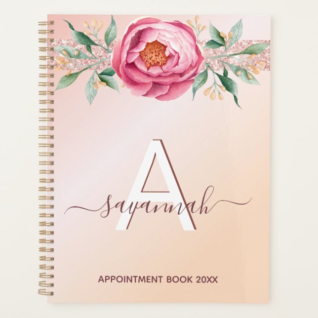 Rose gold pink glitter monogram appointments planner (Front)