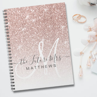 Rose Gold Pink Glitter Monogram Name Future Mrs Notebook