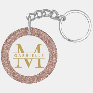 Rose Gold Pink Glitter Monogram Name Key Ring