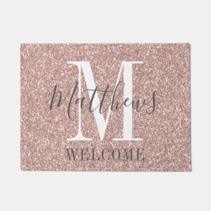 Rose Gold Pink Glitter Monogram Name Newlyweds Doormat