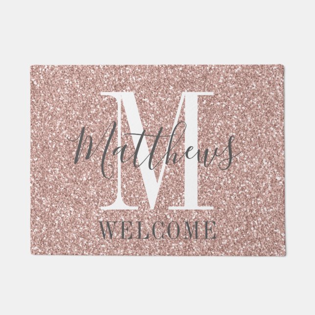 Rose Gold Pink Glitter Monogram Name Newlyweds Doormat (Front)
