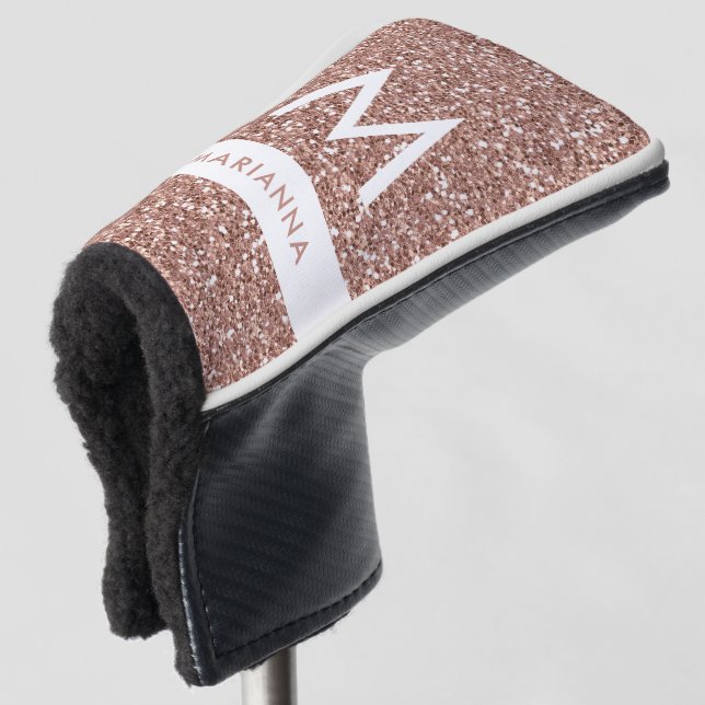 Rose Gold Pink Glitter Monogram Name Putter Golf Head Cover (3/4 Front)
