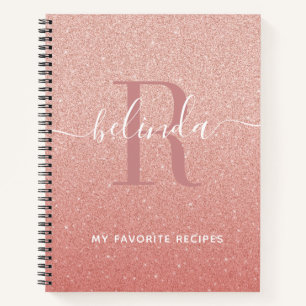 Rose Gold Pink Glitter Monogram Recipe Cookbook Notebook
