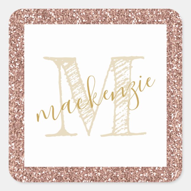 Rose Gold Pink Glitter Name Label Sticker (Front)