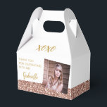 Rose Gold Pink Glitter Photo Birthday Favour Box<br><div class="desc">Cute mini gable birthday party favour box with your photo and rose gold glitter and gold with custom text for a modern party, bat mitzvah, Quinceañera, wedding, bridal shower, baby shower or bachelorette party. * * * * Click CUSTOMIZE FURTHER to change the fonts, colours and layout and create a...</div>