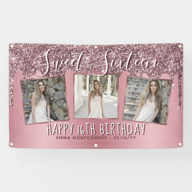 Rose Gold Pink Glitter Photo Collage 16th Birthday Banner (Horizontal)