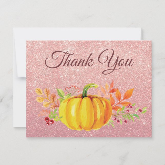Rose Gold Pink Glitter Pumpkin Fall Thank You card (Front)