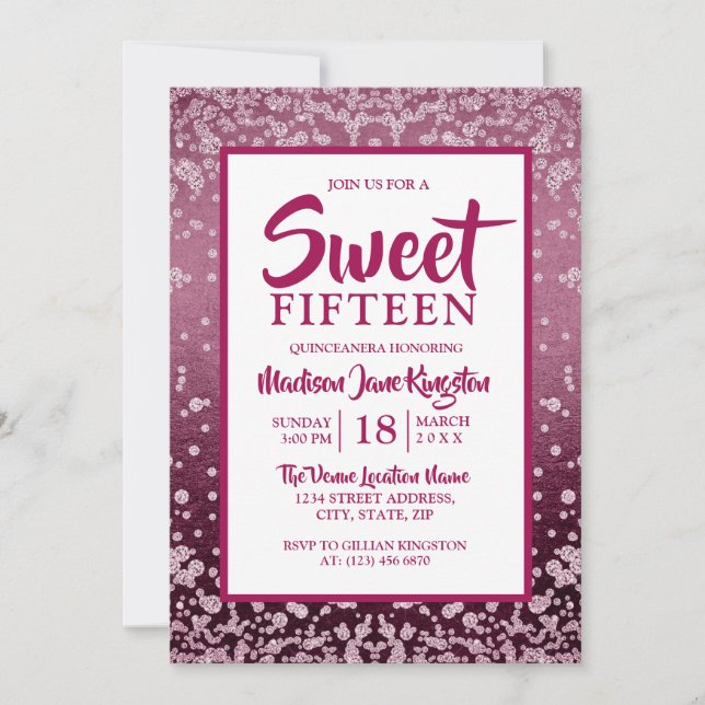 Rose Gold Pink Glitter Quinceanera Sweet 15 invite (Front)
