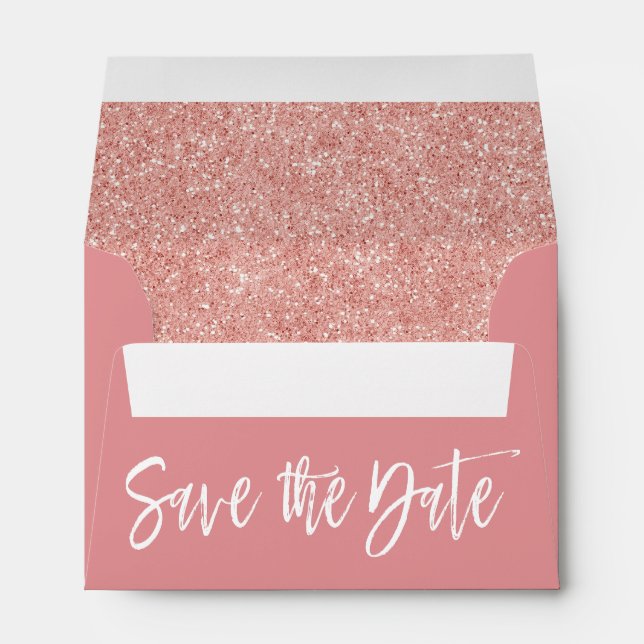 Rose Gold Pink Glitter Save the Date Envelope (Back (Bottom))