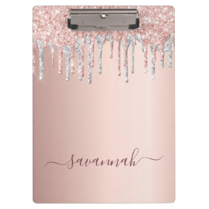 Rose gold pink glitter silver script name clipboard