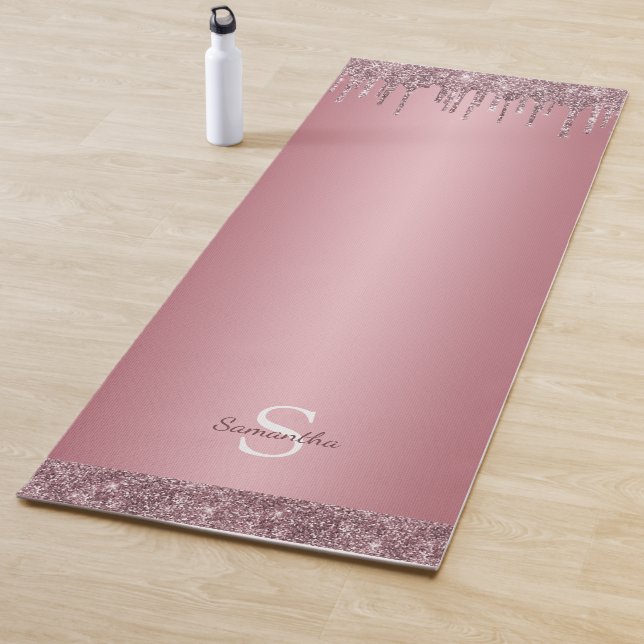 Rose Gold Pink Glitter Sparkle Drip Monogram Name Yoga Mat (In Situ)