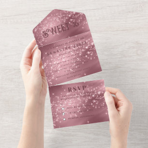 Rose Gold Pink Glitter Sparkle Modern Sweet 16 All In One Invitation