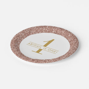 Rose Gold Pink Glitter Sparkle Monogram Birthday Paper Plate