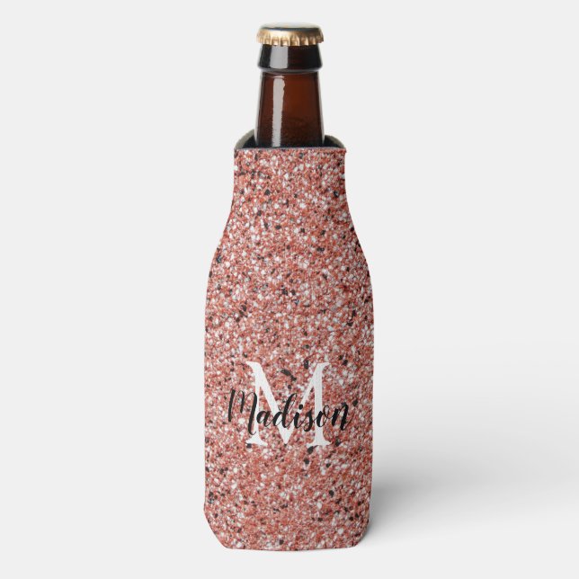 Rose Gold Pink Glitter Sparkle Monogram Name Bottle Cooler (Bottle Front)