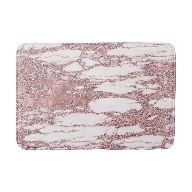 Rose Gold Pink Glitter Sparkly Marble Glam Trendy Bath Mat (Front)