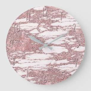 Rose Gold Pink Glitter Sparkly Marble Glam Trendy Large Clock