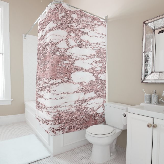 Rose Gold Pink Glitter Sparkly Marble Glam Trendy Shower Curtain (In Situ)