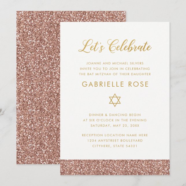 Rose Gold Pink Glitter Strips Mitzvah Reception Invitation (Front/Back)