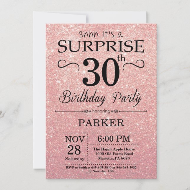 Rose Gold Pink Glitter Surprise 30th Birthday Invitation (Front)