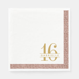 Rose Gold Pink Glitter Sweet 16 Birthday Name Napkin
