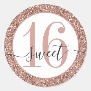 Rose Gold Pink Glitter Sweet 16 Favour Sticker Sea