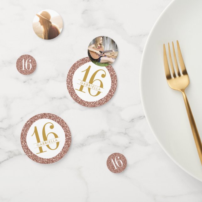 Rose Gold Pink Glitter Sweet 16 Name and Photo Confetti (Group)