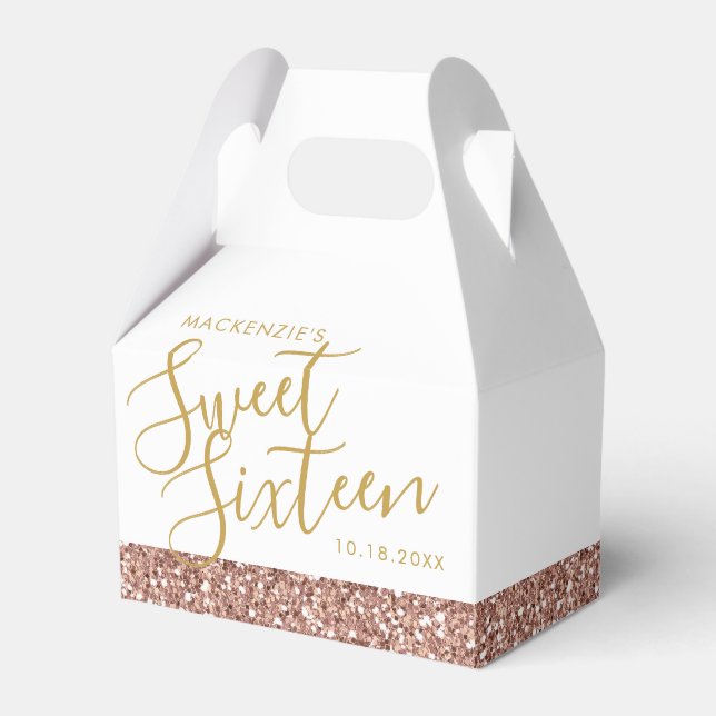 Rose Gold Pink Glitter Sweet 16 Personalised Favour Box (Front Side)