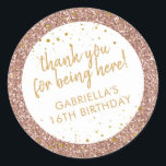 Rose Gold Pink Glitter Thank You Birthday Favour Classic Round Sticker<br><div class="desc">Rose gold glitter and gold sparkle personalised thank you favour stickers for a fun and girly birthday party. All wording is editable making them perfect for a little girl's 1st 5th, or 8th birthday, or a big girl's 13th 15th sweet 16th, 18th or 21st birthday or graduation. The "thank you...</div>