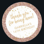 Rose Gold Pink Glitter Thank You Birthday Favour Classic Round Sticker<br><div class="desc">Rose gold glitter and gold sparkle personalised thank you favour stickers for a fun and girly birthday party. All wording is editable making them perfect for a little girl's 1st 5th, or 8th birthday, or a big girl's 13th 15th sweet 16th, 18th or 21st birthday or graduation. The "thank you...</div>