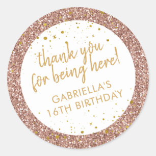 Rose Gold Pink Glitter Thank You Birthday Favour Classic Round Sticker