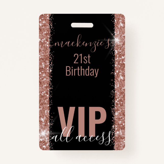 Rose Gold Pink Glitter VIP Bday Party Invitation ID Badge (Front)